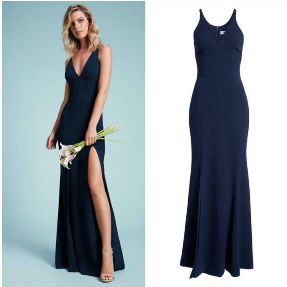 NEW $198 DRESS THE POPULATION Iris Plunge Trumpet Gown Navy Blue